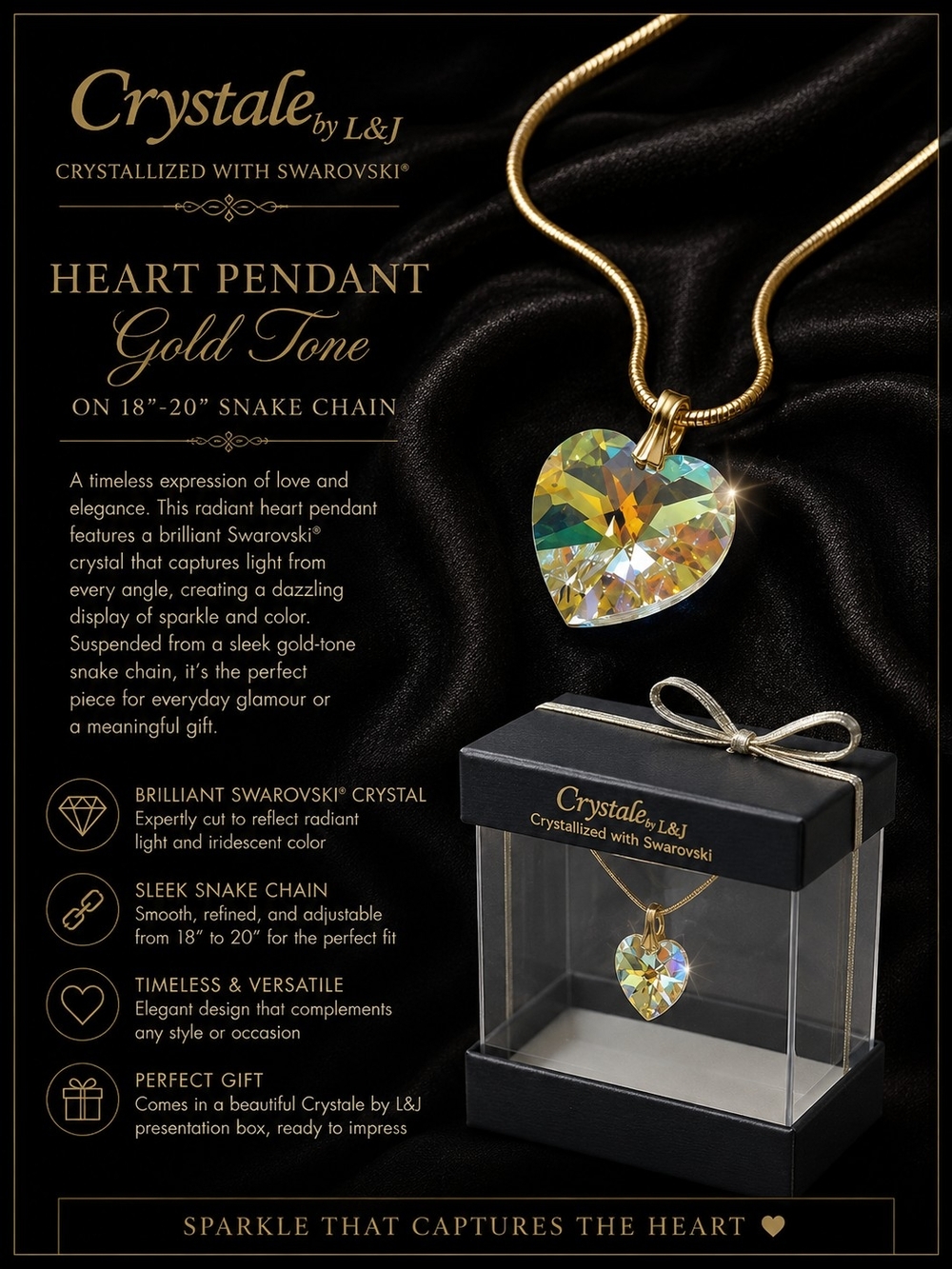 Crystal Heart Pendant Crystale By L&J in Display Box
